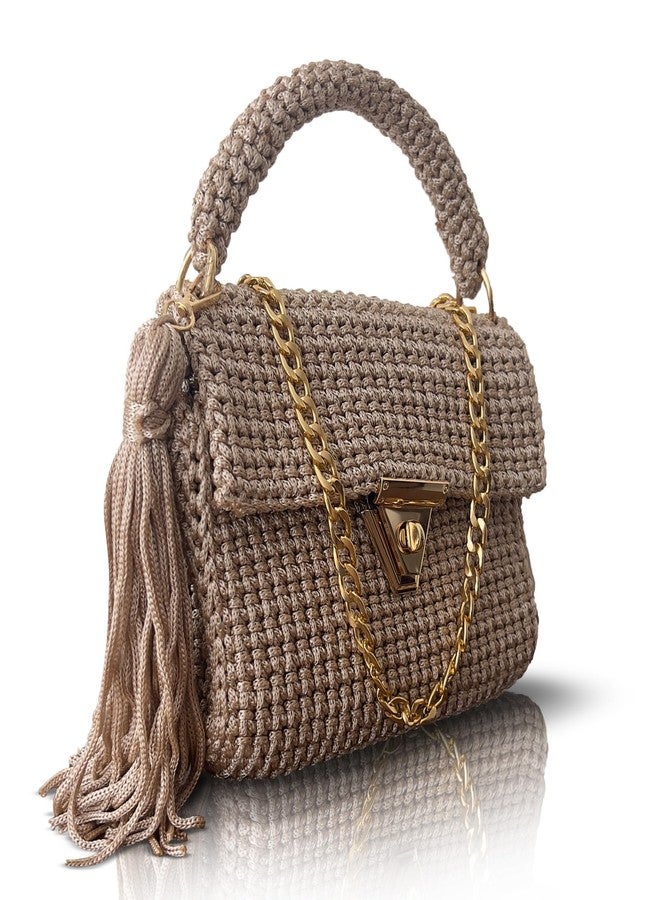 CHQEL Handmade Beige Crochet Shoulder Bag for Women | Gold Chain & Top Handle | Boho Knitted Purse | Elegant Evening (Beige) - Image 4