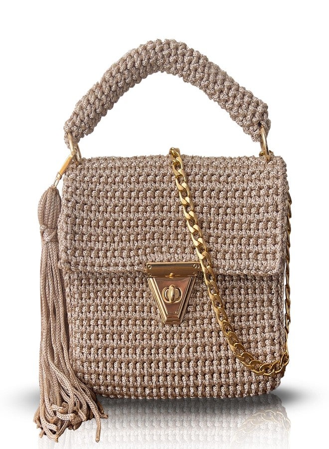 CHQEL Handmade Beige Crochet Shoulder Bag for Women | Gold Chain & Top Handle | Boho Knitted Purse | Elegant Evening (Beige) - Image 1