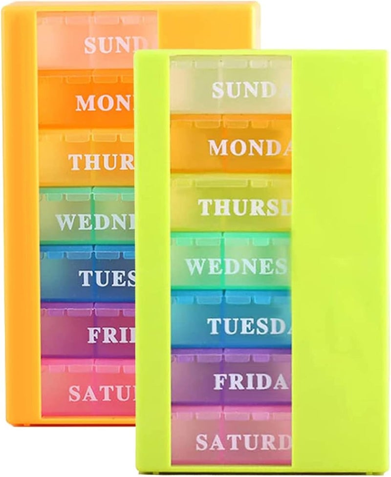 VINI Medicine Organizer with 7 Small Pill Organizers 3 Times a Day Large Stackable Pill Dispenser for Supplement Vitamin Pills (Green+Orange)
