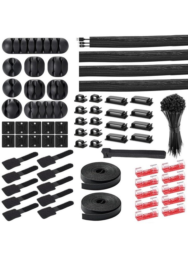 HASTHIP HASTHIP® 173 Pcs Cable Management Organizer Kit with 4 Split Cable Sleeve, 47 Self Adhesive Cable Clips Holder, 10 Cable Ties, 10 Adhesive Wall Cable Tie, 100 Fasten Cable Ties, 2 x Roll Cable Ties  - Image 1