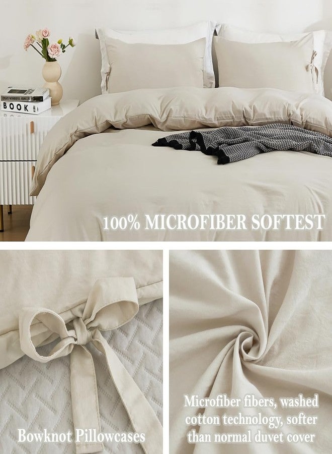annadaif Beige Duvet Cover Queen(90x90 Inch), 3 Pieces (1 Duvet Cover, 2 Pillowcases) Soft Washed Microfiber Bow tie Bowknot Duvet Cover Set, Easy Care Bedding Set for Men, Women - Image 3