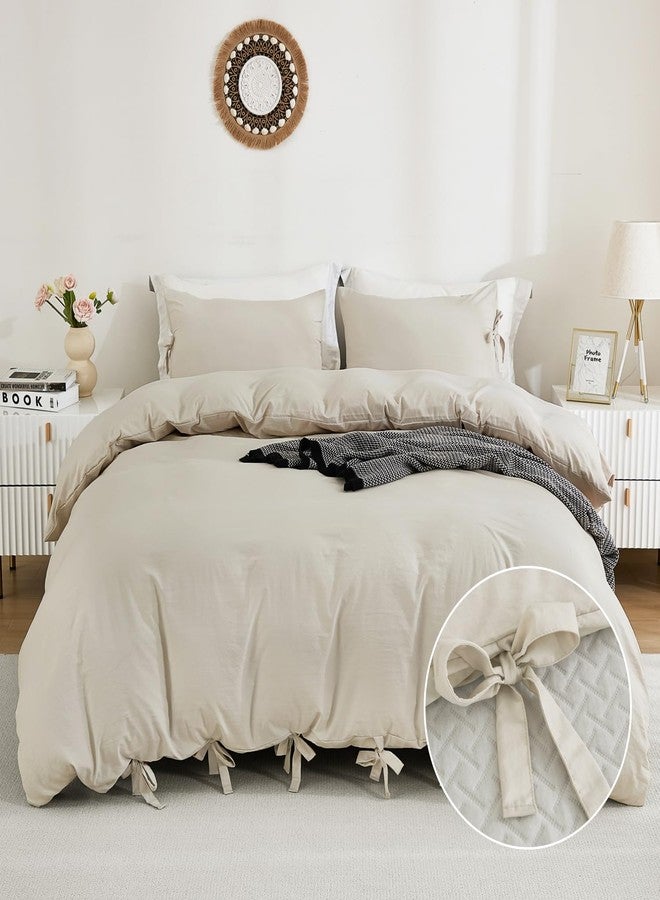 annadaif Beige Duvet Cover Queen(90x90 Inch), 3 Pieces (1 Duvet Cover, 2 Pillowcases) Soft Washed Microfiber Bow tie Bowknot Duvet Cover Set, Easy Care Bedding Set for Men, Women - Image 1