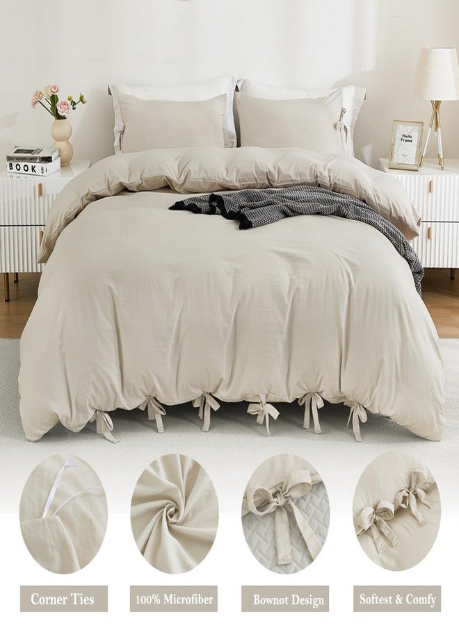 annadaif Beige Duvet Cover Queen(90x90 Inch), 3 Pieces (1 Duvet Cover, 2 Pillowcases) Soft Washed Microfiber Bow tie Bowknot Duvet Cover Set, Easy Care Bedding Set for Men, Women - Image 2