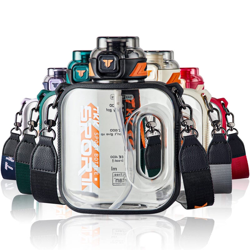 TKK زجاجة ماء رياضية TKK سعة 32 أونصة مع قشة زجاجة ماء كبيرة سعة بلاستيكية آمنة في غسالة الصحون زجاجة ماء سعة 1 لتر خالية من BPA من مادة تريتان للجيم واليوغا والسفر والتخييم في الهواء الطلق باللون الأسود - Image 1