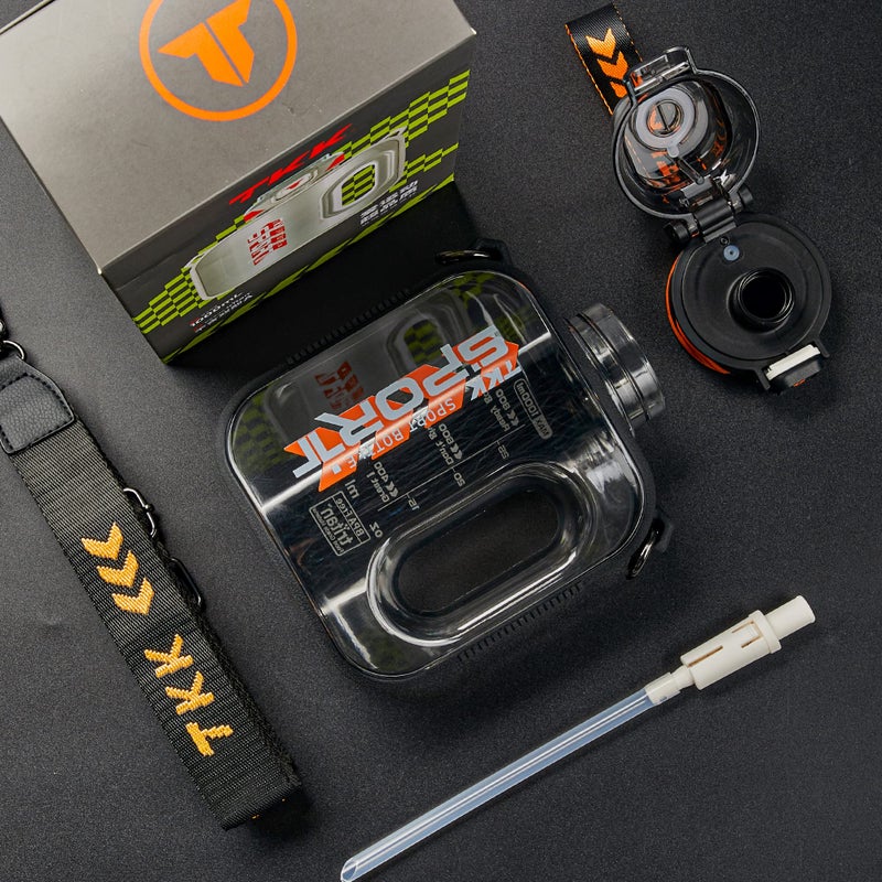 TKK زجاجة ماء رياضية TKK سعة 32 أونصة مع قشة زجاجة ماء كبيرة سعة بلاستيكية آمنة في غسالة الصحون زجاجة ماء سعة 1 لتر خالية من BPA من مادة تريتان للجيم واليوغا والسفر والتخييم في الهواء الطلق باللون الأسود - Image 2