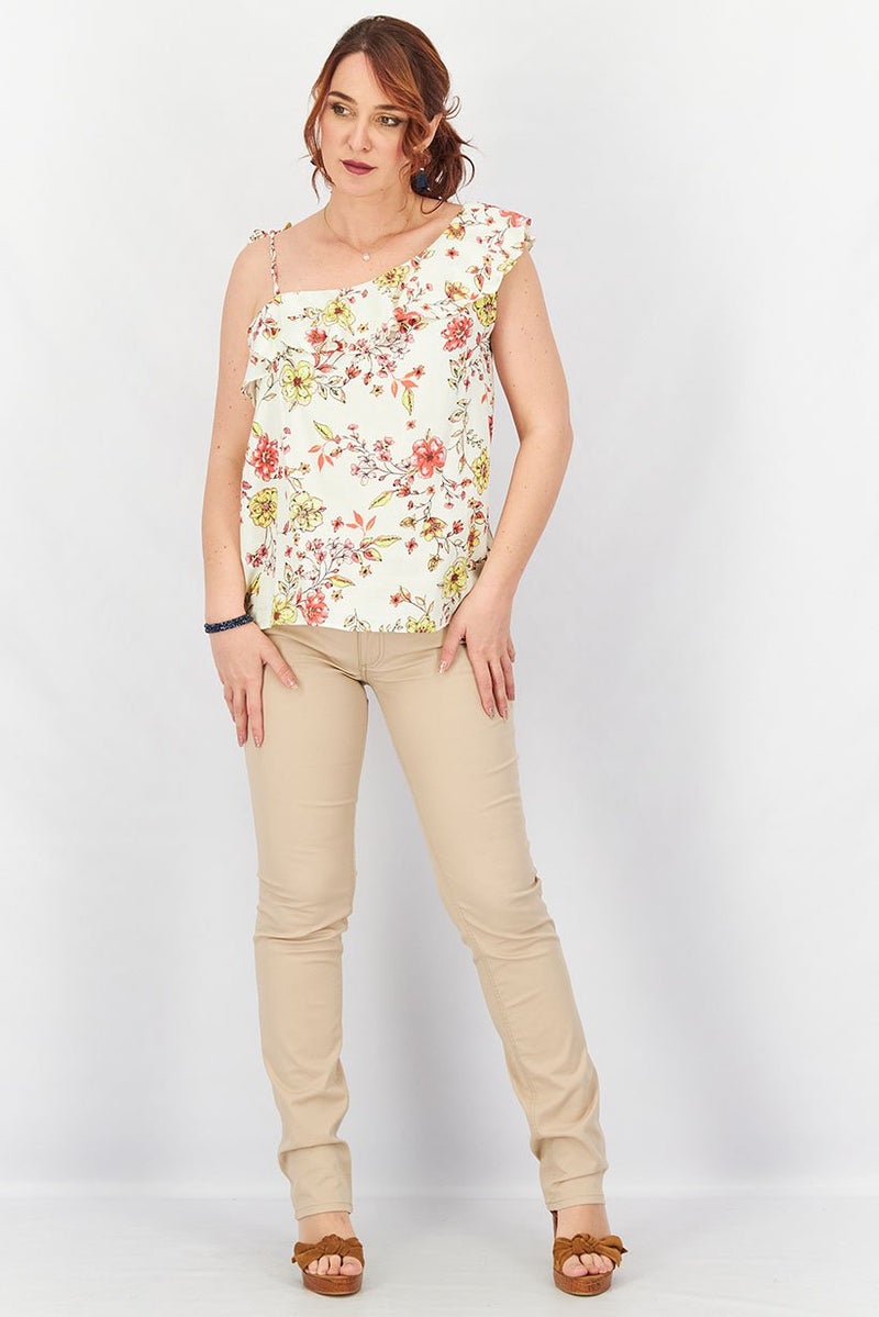 promod Women Asymmetrical Neck Ruffle Detail Floral Top, White Combo - Image 3