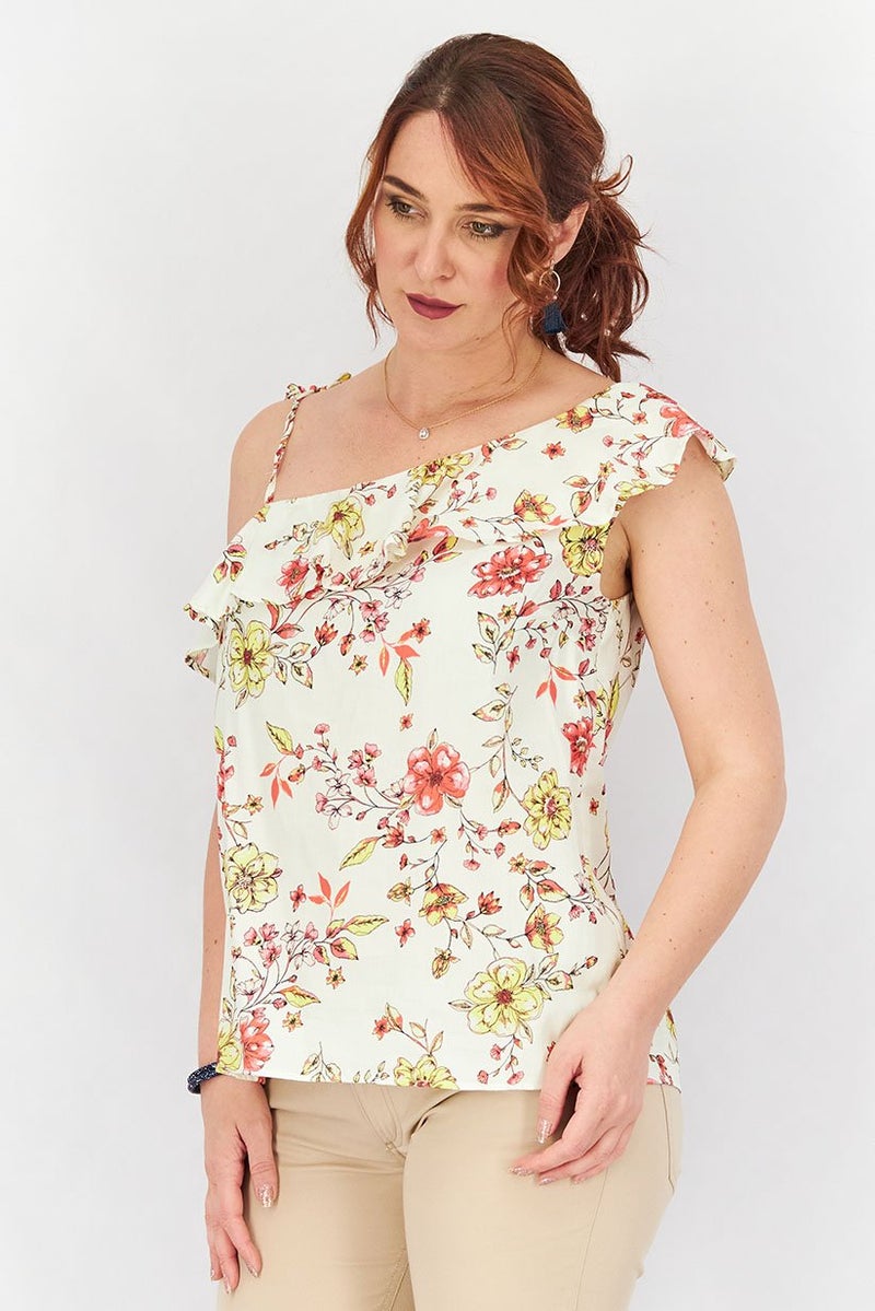 promod Women Asymmetrical Neck Ruffle Detail Floral Top, White Combo - Image 1