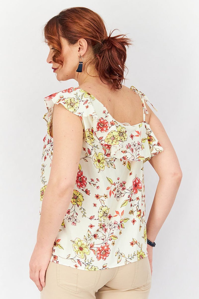 promod Women Asymmetrical Neck Ruffle Detail Floral Top, White Combo - Image 2