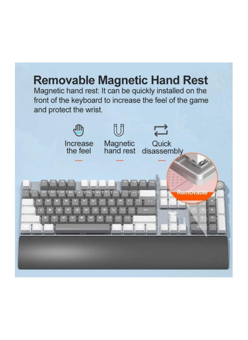 AULA - AULA F2088 Gray / White Mechanical Gaming Keyboard, with Media Knob, Magnetic Wrist Rest, White LED Backlight, PBT Keycaps, USB Wired PC Games Keyboards 104-Keys for Laptop, Desktop Computer - Image 1