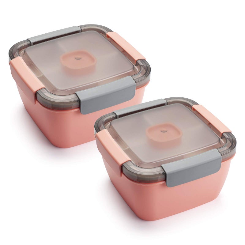 Freshmage Salad Lunch container To go  2 Packs 52-oz Salad Bowls with 3 compartments  Salad Dressings container for Salad Toppings  Snacks  Men  Women (Pink+Pink)