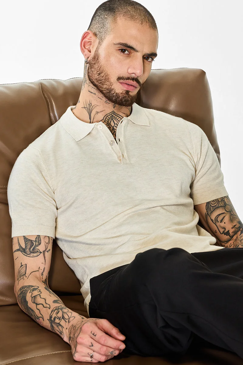 SNITCH Core Lab Cream Solid Polo T-Shirt