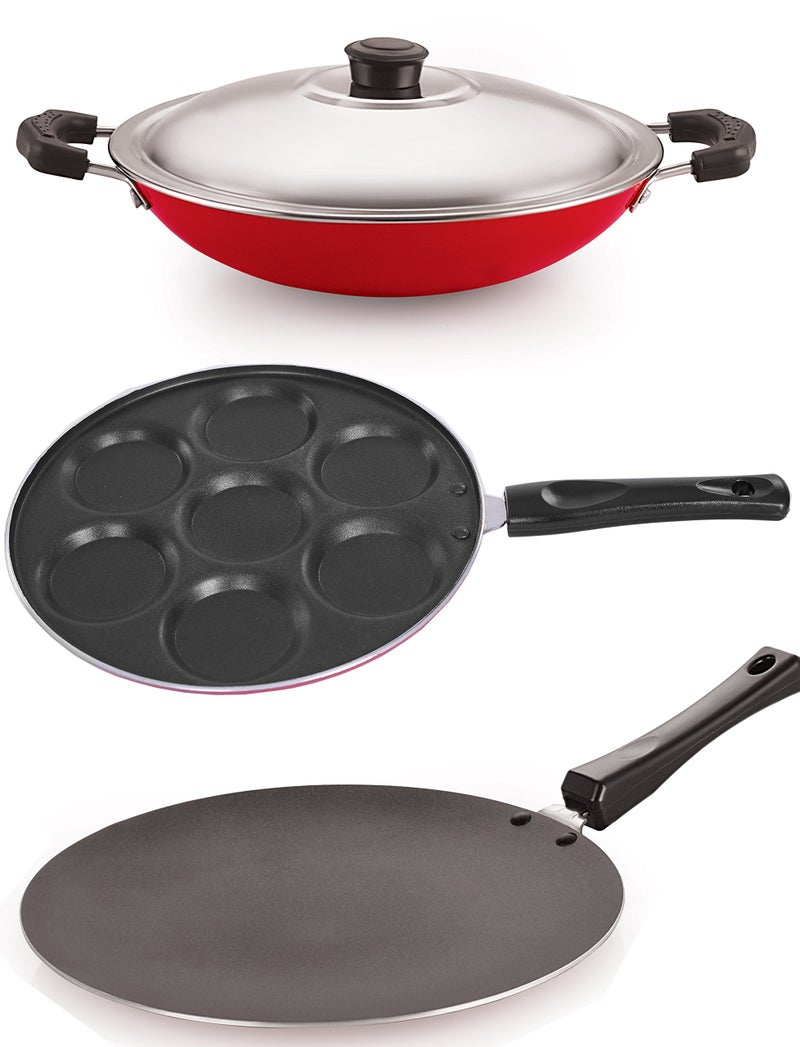NIRLON Non-Stick Aluminum Tawa 28.5 cm, AppaChatti 22 cm, and Uttapam Tawa -Combo Set - Image 1
