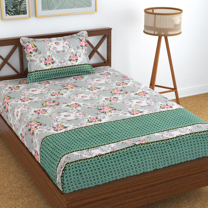 Homefab India 180 TC Microfiber Single BedSheet with 1 Pillow Cover - Green, Grey, Floral - Image 1