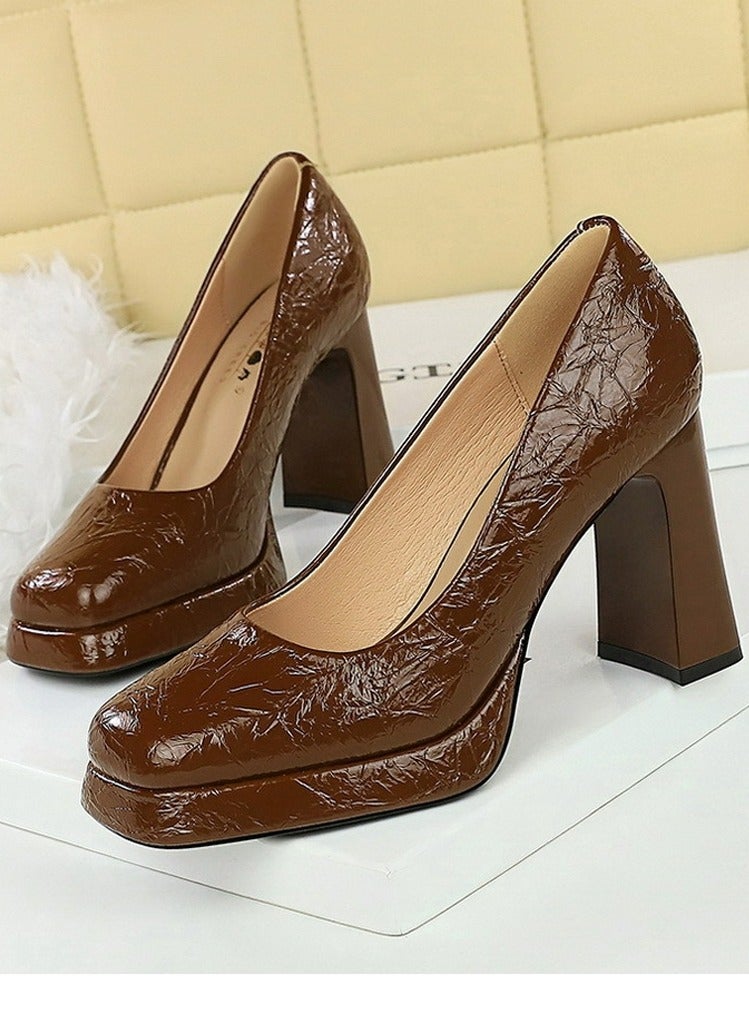 BIGTREE Womens Platform Chunky High Heel Square Closed Toe Pumps Brown - Image 1