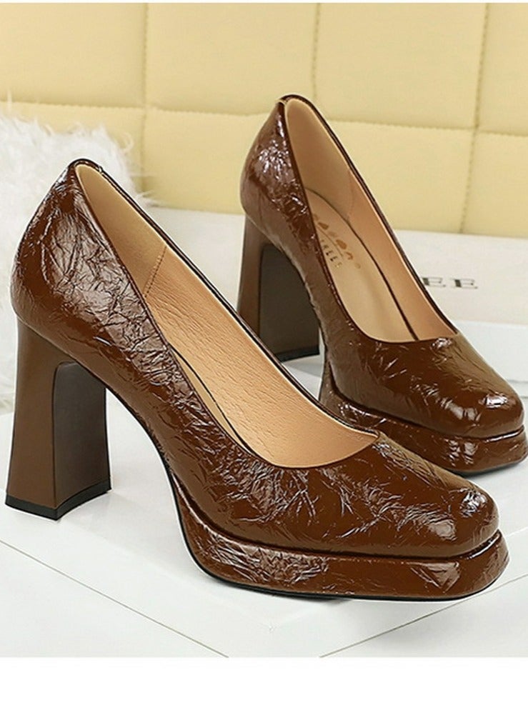 BIGTREE Womens Platform Chunky High Heel Square Closed Toe Pumps Brown - Image 2
