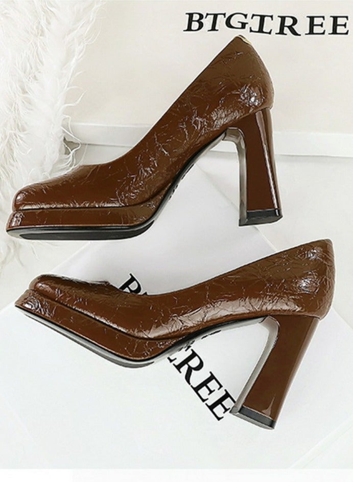 BIGTREE Womens Platform Chunky High Heel Square Closed Toe Pumps Brown - Image 3