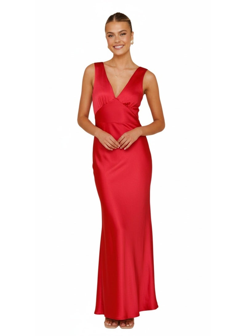 Women's Elegant Satin Red Evening Maxi Dress – Sleeveless V-Neck Formal Gown - Image 1