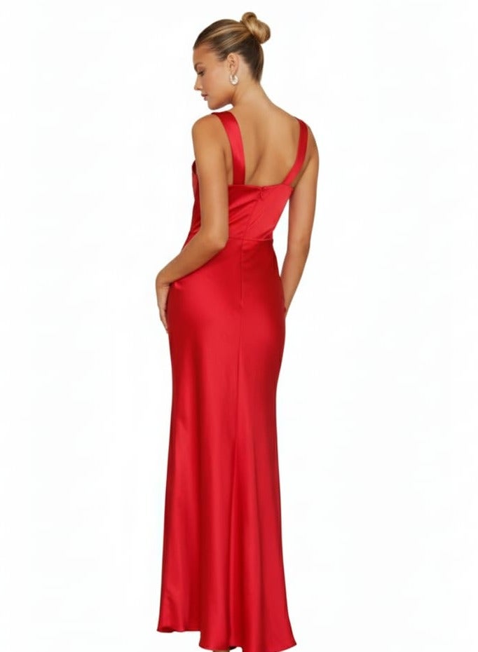 Women's Elegant Satin Red Evening Maxi Dress – Sleeveless V-Neck Formal Gown - Image 2