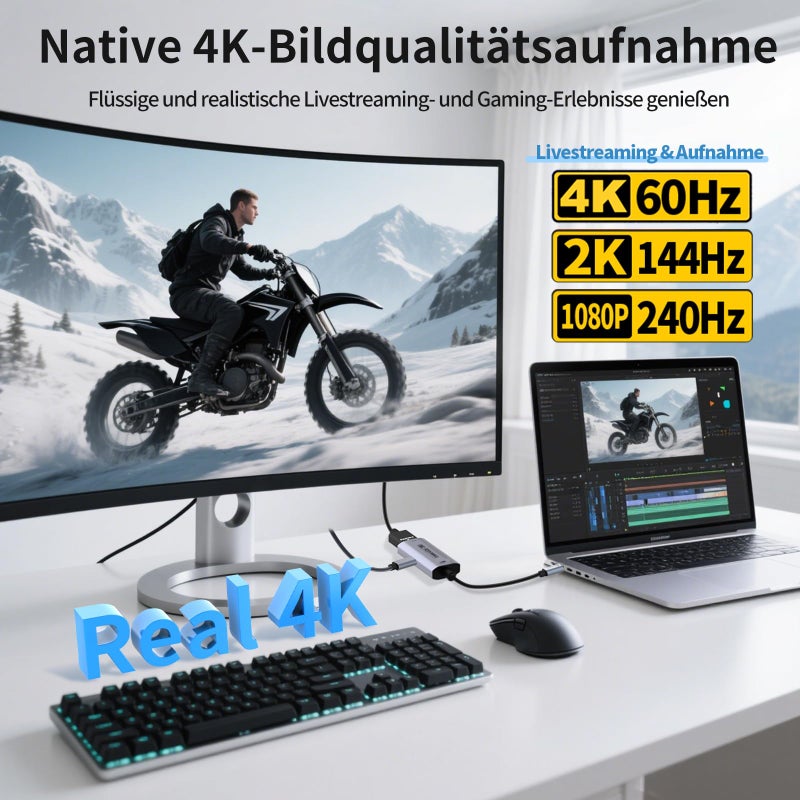 4K USB3.0 Video Capture Card with PD 100W, 4K@60FPS or 2K@144FPS HDMI to USB-A/C Capture Card for Streaming, Works with Pad, Tablet, MacOS, Switch2/1, Laptop, PC, Camera, VR, Silver - Image 4