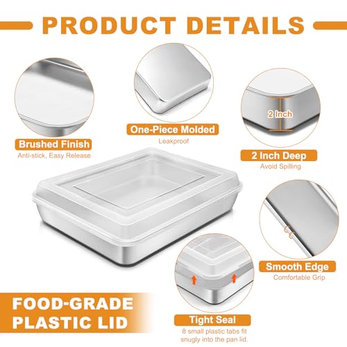 Blingco Stainless Steel Baking Pan with Lid, 12⅓ x 9¾ x 2 Inch Deep Rectangle Cake Pans with Cover for Cakes, Brownies, Cookies, Deep Side & Heavy Duty,Dishwasher & Fridge & Oven Safe(2 Pans + 2 Lids) - Image 3