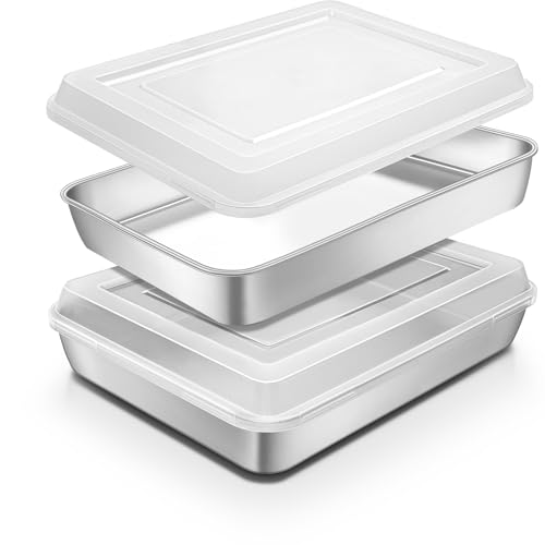 Blingco Stainless Steel Baking Pan with Lid, 12⅓ x 9¾ x 2 Inch Deep Rectangle Cake Pans with Cover for Cakes, Brownies, Cookies, Deep Side & Heavy Duty,Dishwasher & Fridge & Oven Safe(2 Pans + 2 Lids) - Image 1