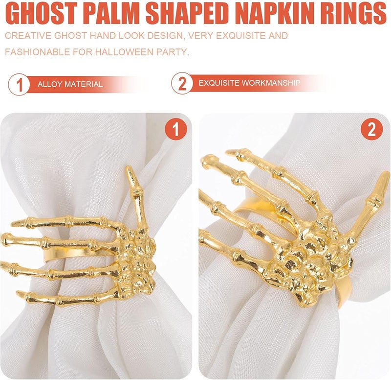 Cabilock 6pcs Halloween Napkin Rings Set Alloy Skeleton Hand Napkin Ring Holders Ghost Hand Napkin Buckle Ornaments for Halloween Decoration (Golden) - Image 4
