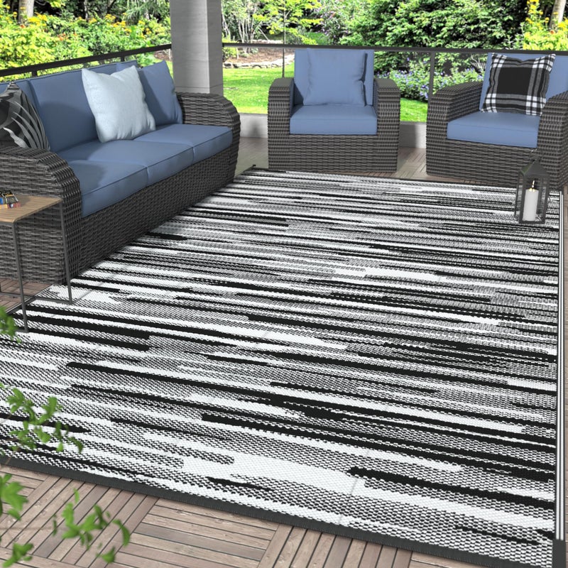 GENIMO Outdoor Rug for Patio Clearance, 6'x9' Waterproof Camping Mat, Reversible Plastic Straw Rugs for RV, Camper, Balcony, Backyard, Picnic, Deck (Black White) - Image 1