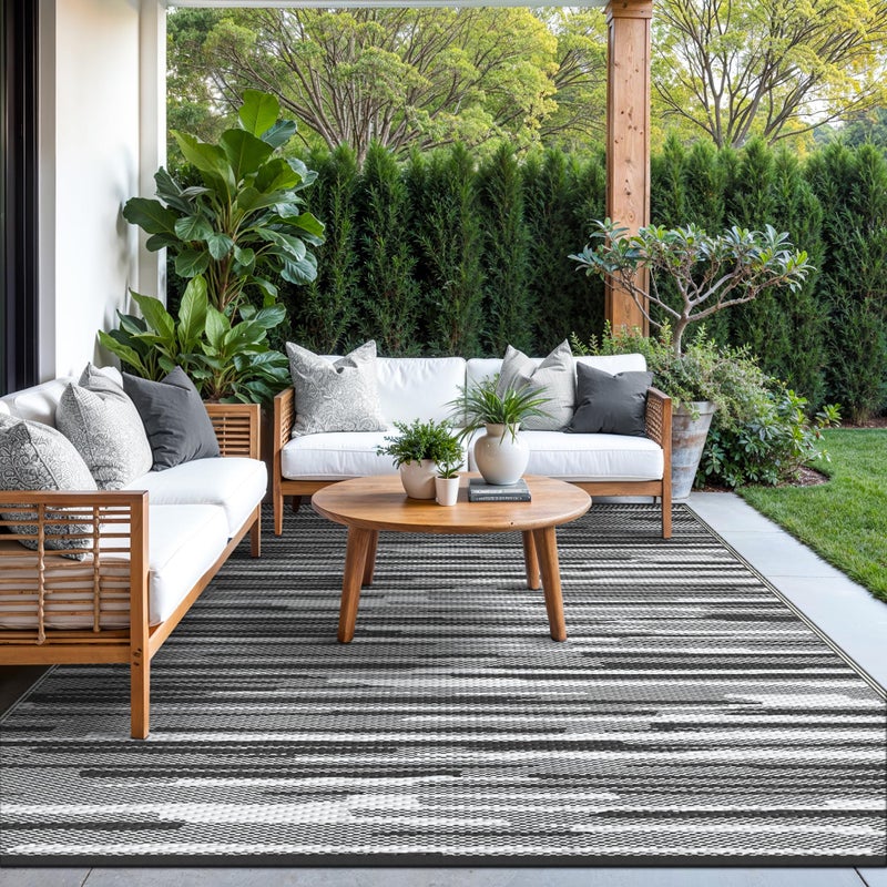 GENIMO Outdoor Rug for Patio Clearance, 6'x9' Waterproof Camping Mat, Reversible Plastic Straw Rugs for RV, Camper, Balcony, Backyard, Picnic, Deck (Black White) - Image 3