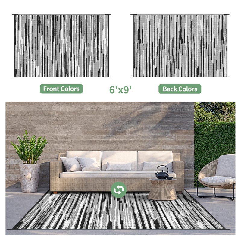 GENIMO Outdoor Rug for Patio Clearance, 6'x9' Waterproof Camping Mat, Reversible Plastic Straw Rugs for RV, Camper, Balcony, Backyard, Picnic, Deck (Black White) - Image 2