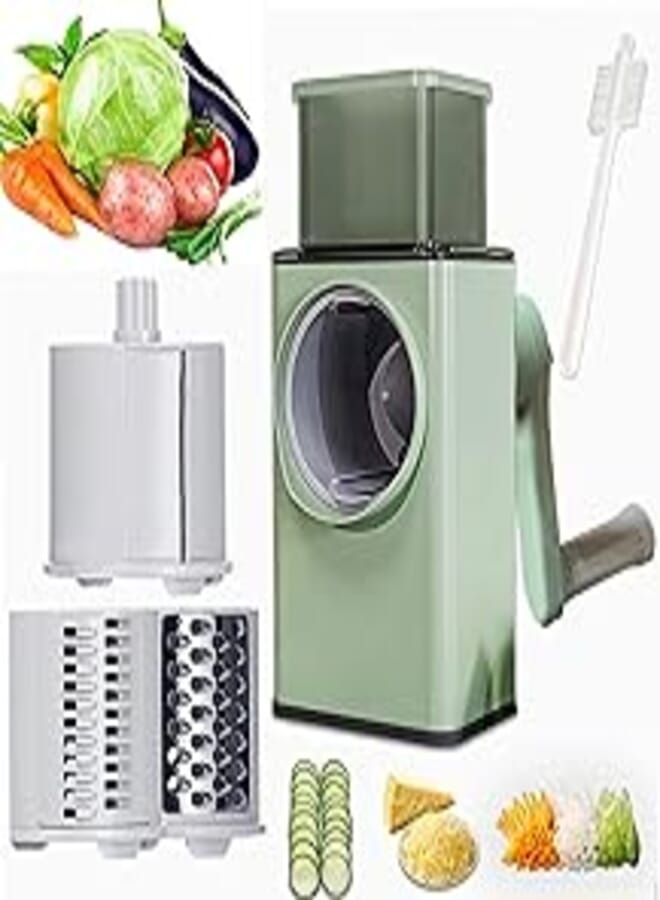 Manual Upgraded Rotary Cheese Grater, Vegetable Slicer Cutter With 3 Stainless Steel Drum Blades High Quality - Shredder for Vegetable, Nuts, Chocolate, Potatoes with Cleaning Brush (Green) 