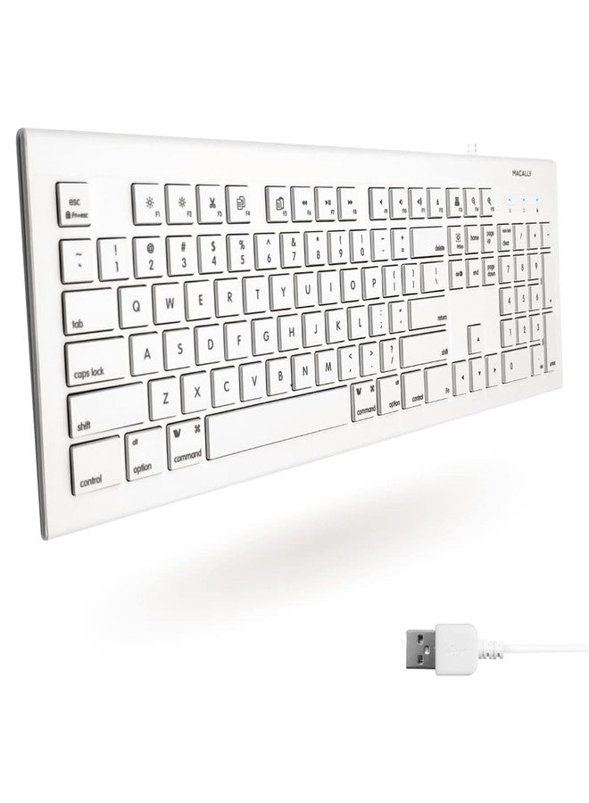 Macally Full Size USB Wired Keyboard for Mac and PC - Plug & Play Wired Computer Keyboard - Compatible Apple Keyboard with 15 Shortcut Keys for Easy Controls & Navigation - White - Image 1