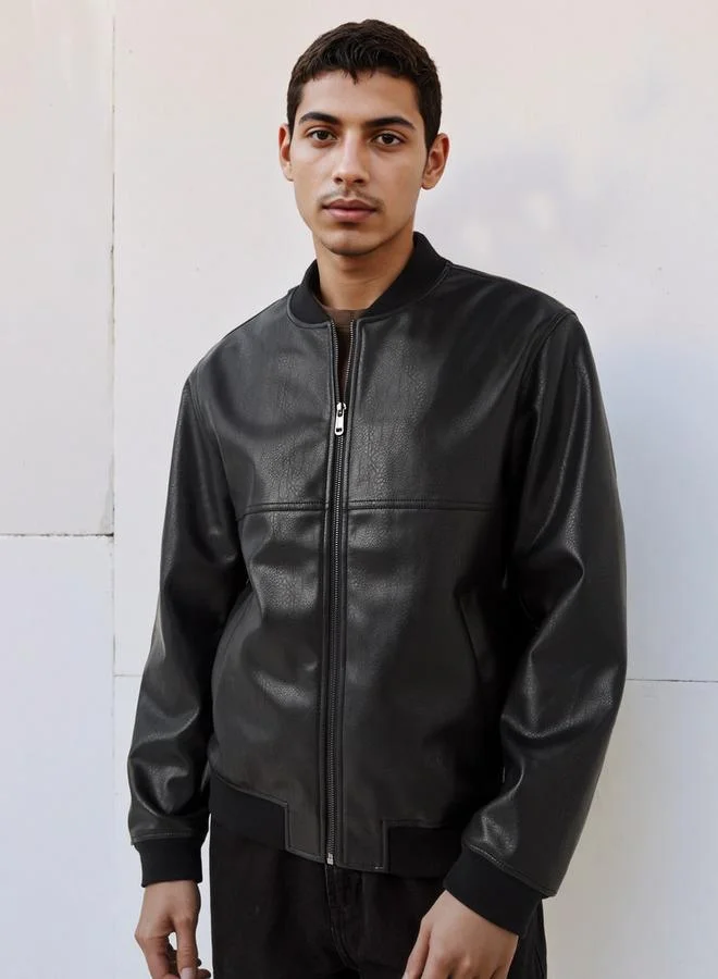 Lee Cooper Men Regular Fit Zip Closure Bomber PU Jacket