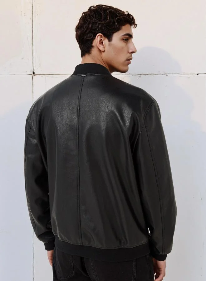 Lee Cooper  Lee Cooper Men Regular Fit Zip Closure Bomber PU Jacket for Men | Best Price UAE