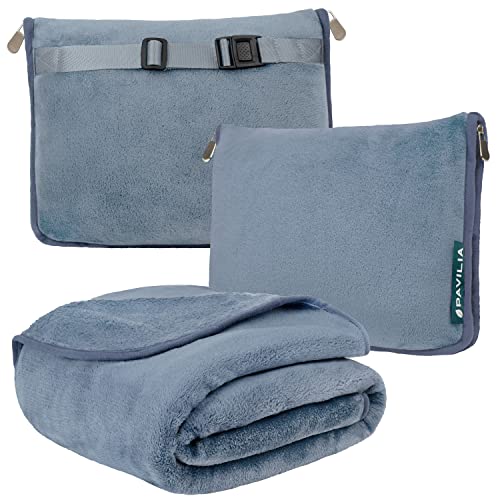 PAVILIA Travel Blanket Pillow, Soft Airplane Blanket 2-IN-1 Combo Set, Plane Blanket Compact Packable, Flight Essentials Car Pillow, Travelers Gift Accessories Luggage Backpack Strap, 60x43 Slate Blue - Image 1