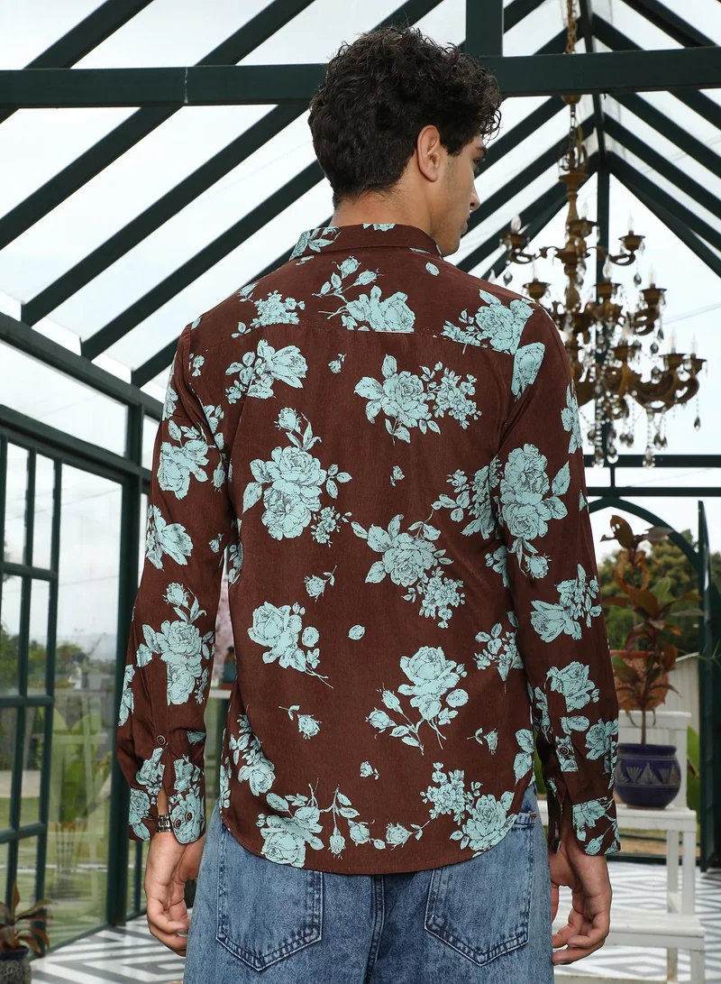 Campus Sutra Campus Sutra Men's Powder Blue & Chocolate Brown Contrast-Roses Imprint Shirt | Spread Collar , Long Cuffed Sleeves , Button Closure , Curved Hem | Floral Print Plain | Shirt For Casual Wear