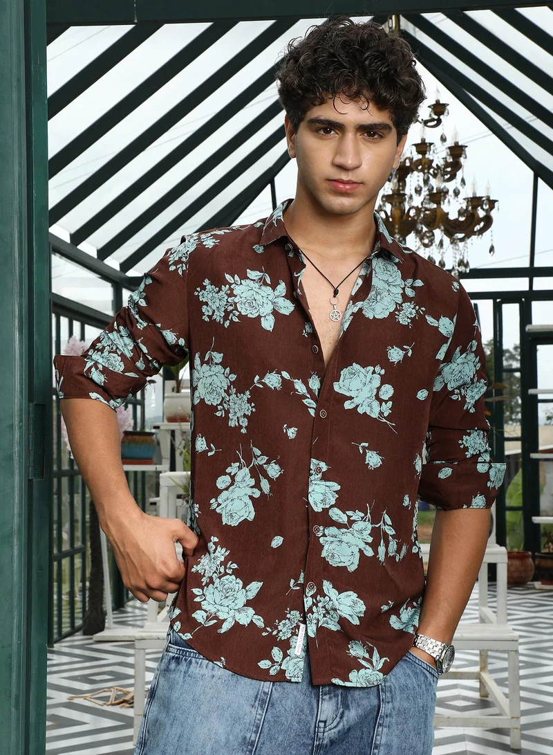 Campus Sutra Campus Sutra Men's Powder Blue & Chocolate Brown Contrast-Roses Imprint Shirt | Spread Collar , Long Cuffed Sleeves , Button Closure , Curved Hem | Floral Print Plain | Shirt For Casual Wear