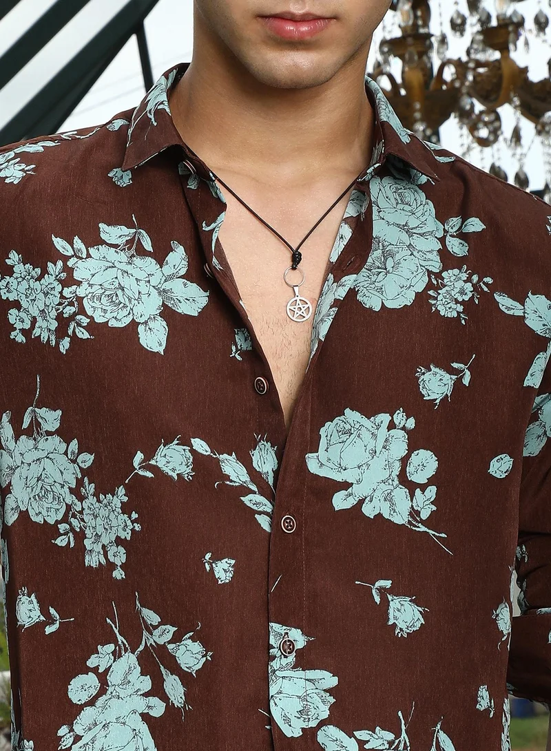Campus Sutra Campus Sutra Men's Powder Blue & Chocolate Brown Contrast-Roses Imprint Shirt | Spread Collar , Long Cuffed Sleeves , Button Closure , Curved Hem | Floral Print Plain | Shirt For Casual Wear