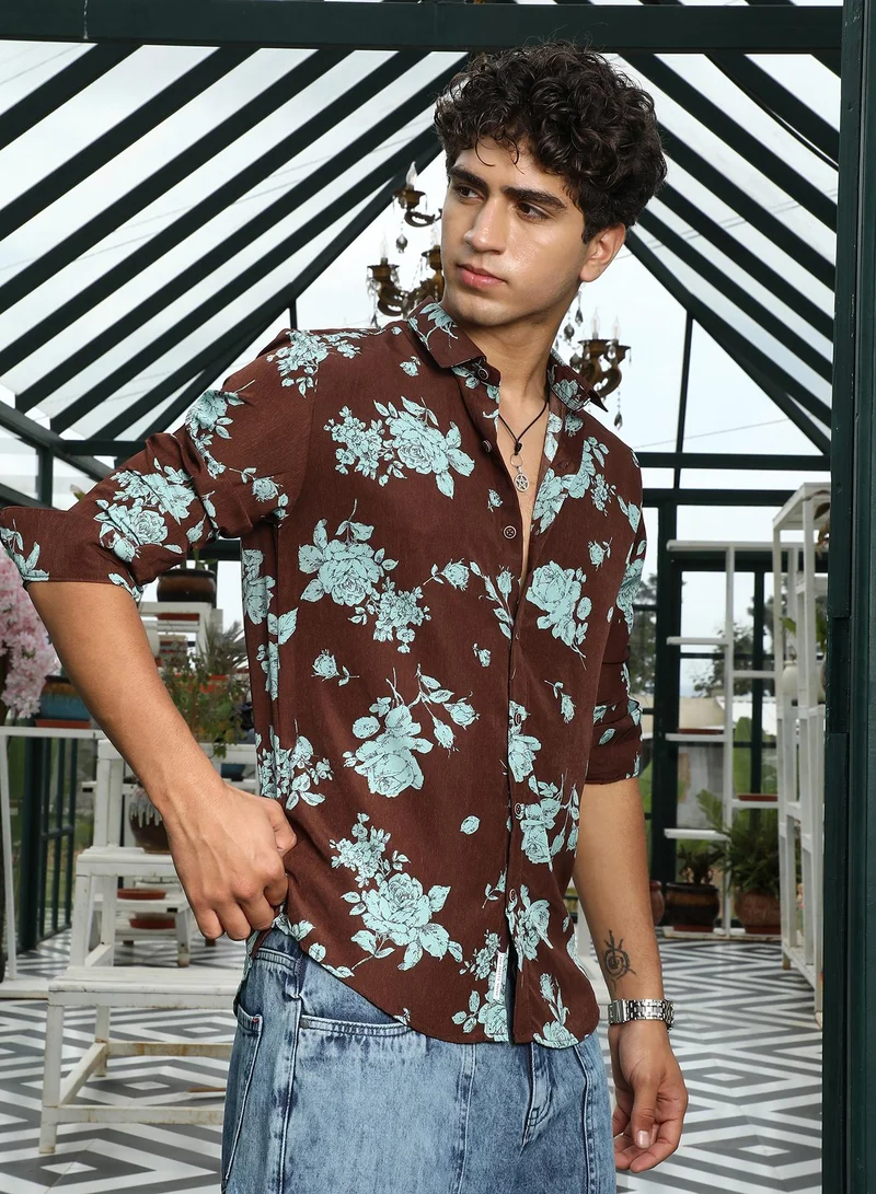 Campus Sutra Campus Sutra Men's Powder Blue & Chocolate Brown Contrast-Roses Imprint Shirt | Spread Collar , Long Cuffed Sleeves , Button Closure , Curved Hem | Floral Print Plain | Shirt For Casual Wear