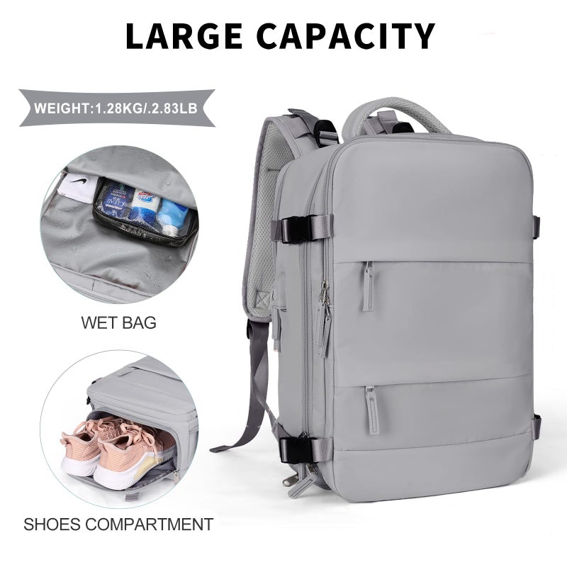 Coowoz Large Travel Backpack For Women Men, Flight Approved, Waterproof Outdoor Sports Rucksack, Casual Daypack, Fit 15.6 Inch Laptop Shoes, Grey - Image 4