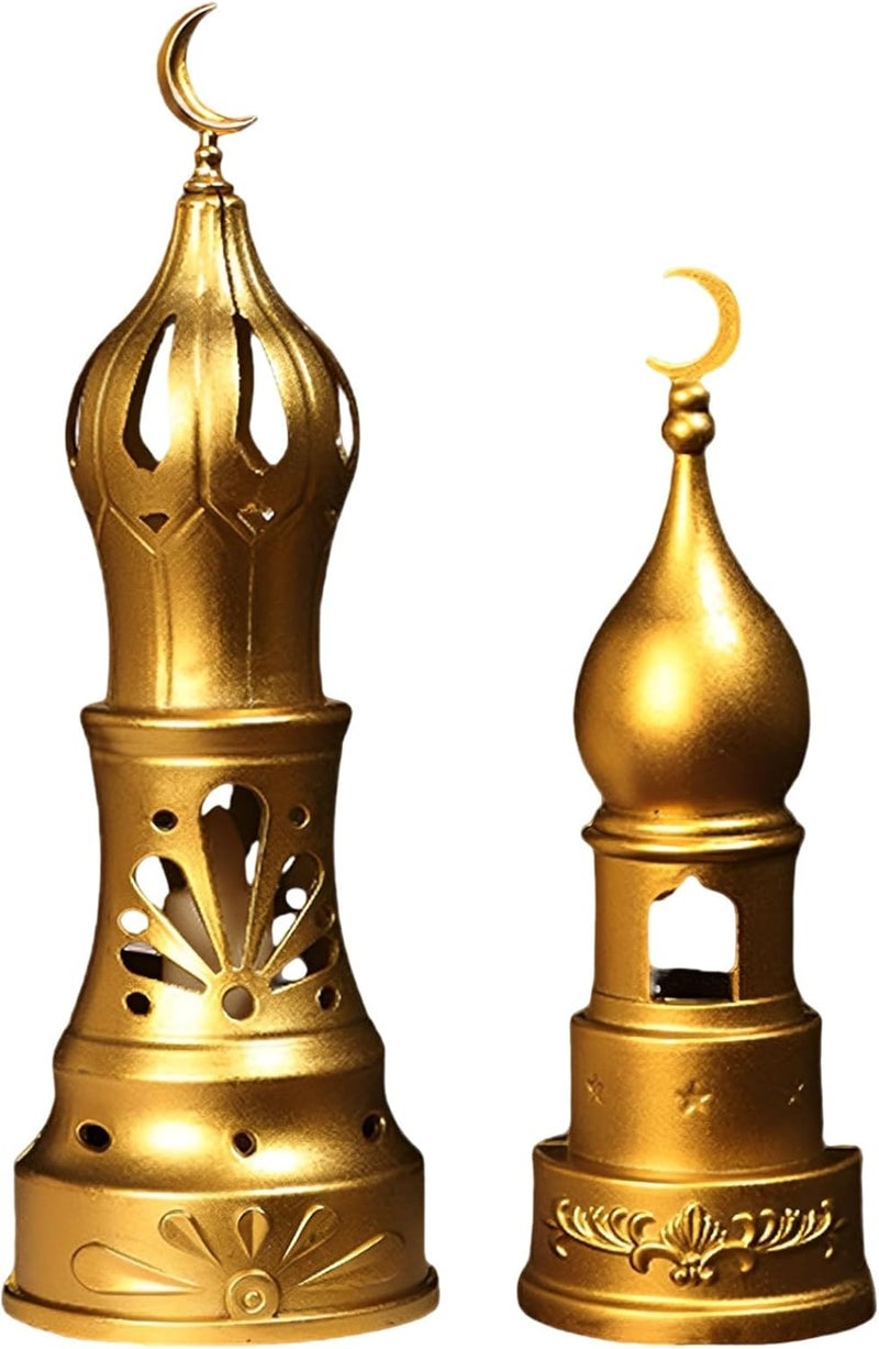 2 Pcs Golden Mosque Tower Led Candle Lamp Set for Ramadan Home Decor, Elegant Islamic Gift, Safe Flameless Intricate Hollow Design Light, Tabletop, Photography - Image 1