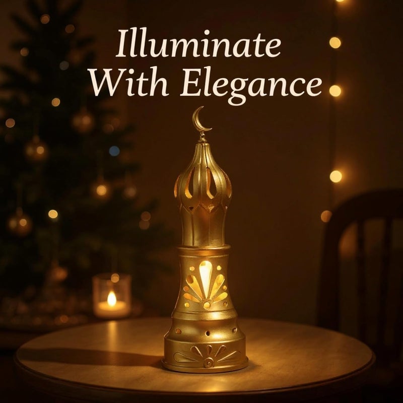 2 Pcs Golden Mosque Tower Led Candle Lamp Set for Ramadan Home Decor, Elegant Islamic Gift, Safe Flameless Intricate Hollow Design Light, Tabletop, Photography - Image 3