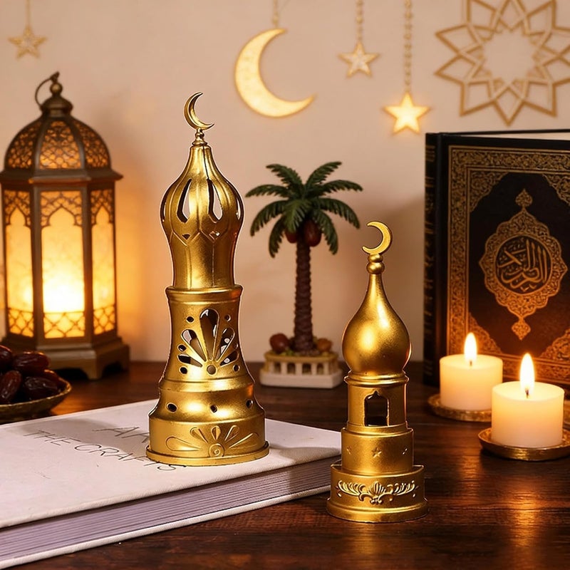 2 Pcs Golden Mosque Tower Led Candle Lamp Set for Ramadan Home Decor, Elegant Islamic Gift, Safe Flameless Intricate Hollow Design Light, Tabletop, Photography - Image 2