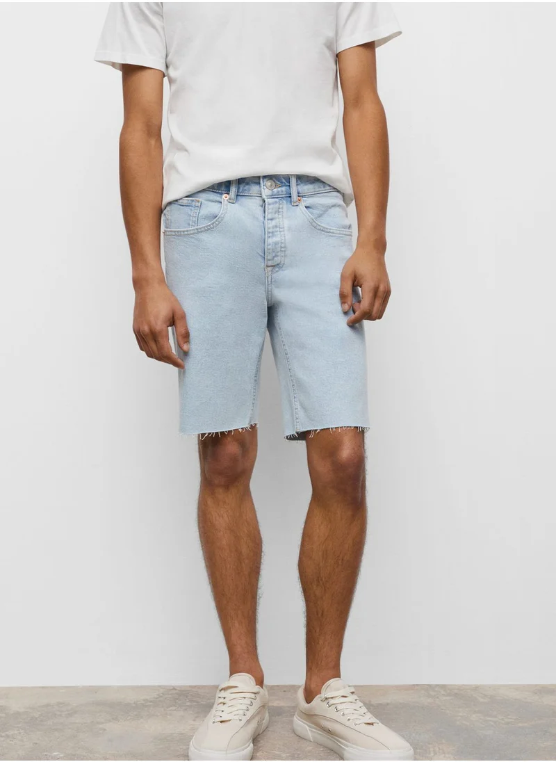MANGO Kids Light Wash Frayed Hem Denim Shorts