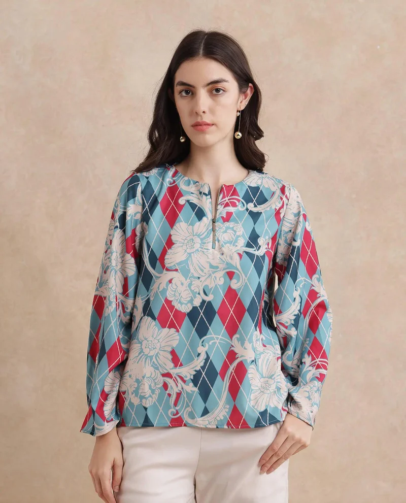 Rareism Women's Zipper Detail Top With Ruched Sleeve