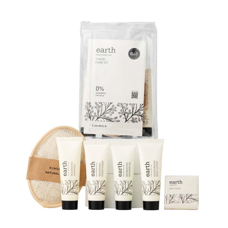 Kimirica Travel Kit Bath Set Earth Luxury Bath and Body Care Travel pouch| 6 in 1 self-care travel kit with a reusable pouch 100% Vegan - Image 1