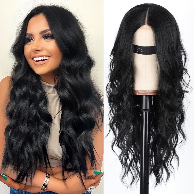 AISI HAIR Black Wig for Women, Long Wavy Lace Hairline Middle Part Synthetic Heat Resistant Wig for Daily Party-26 Inch - Image 1
