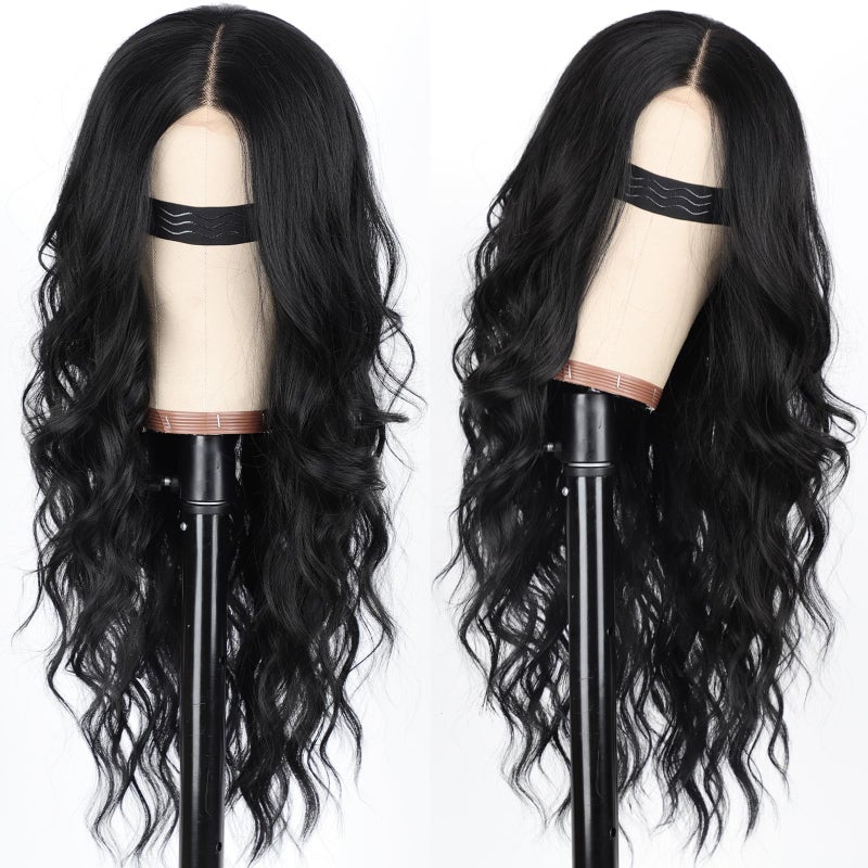 AISI HAIR Black Wig for Women, Long Wavy Lace Hairline Middle Part Synthetic Heat Resistant Wig for Daily Party-26 Inch - Image 2