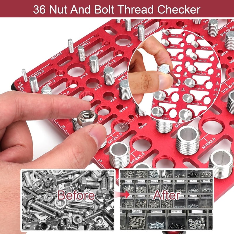 Red Standard And Metric Thread Checker Nut Bolt Gauge With Drill Sizes Finder - Image 4