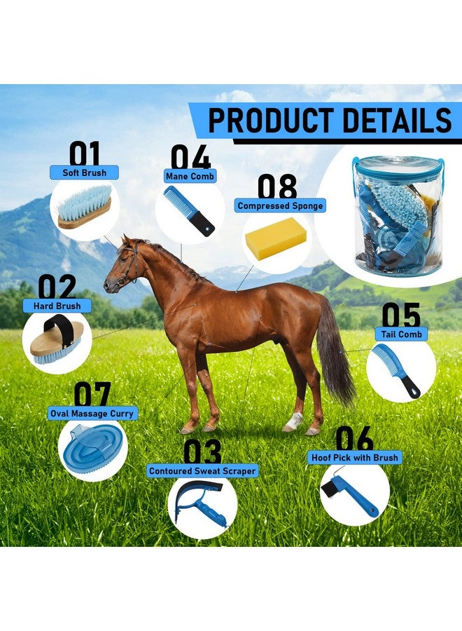 Cunhill 9 Pieces Horse Grooming Kit Tack Room Supplies Set with Organizer Tote Bag, Oval Massage Curry, Hard and Soft Brush, Hoof Pick, Sweat Scraper, Bathing Sponge, Combs for Horse Riders Beginners (Blue) - Image 3