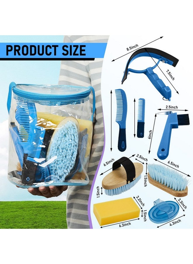 Cunhill 9 Pieces Horse Grooming Kit Tack Room Supplies Set with Organizer Tote Bag, Oval Massage Curry, Hard and Soft Brush, Hoof Pick, Sweat Scraper, Bathing Sponge, Combs for Horse Riders Beginners (Blue) - Image 2